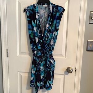New York & Company Teal and Navy Floral Wrap Jumpsuit